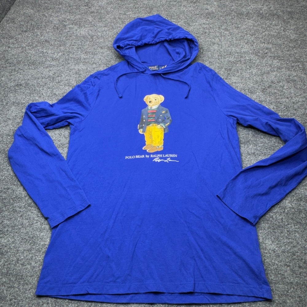 Polo Ralph Lauren Hoodie Mens Large Blue Preppy Bear Hooded Tee Graphic